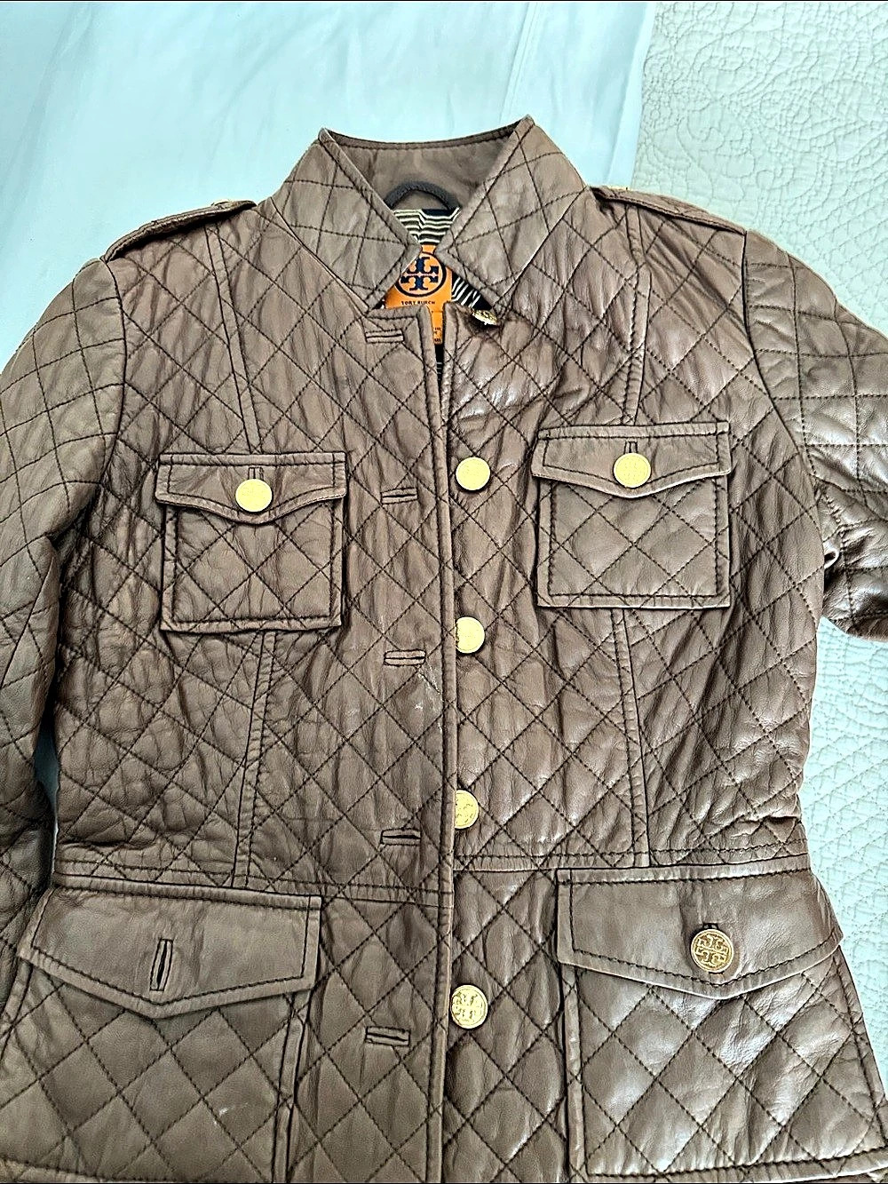 Tory Burch Quilted Leather Jacket Brown Size 0